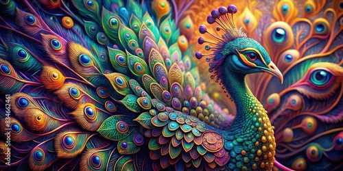 Abstract generative render of a colorful and intricate peacock, peacock, bird, feathers, vibrant, digital art, AI, abstract, futuristic, decorative, artistic, ornate, design,technology photo