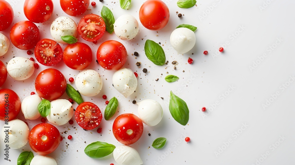 A pristine white surface holds a mound of mozzarella, topped with red cherry tomatoes Basil leaves scatter the scene, while pepper graces the mozz A pristine white surface holds a mound of mozzarella, topped with red cherry tomatoes Basil leaves scatter the scene, while pepper graces the mozz