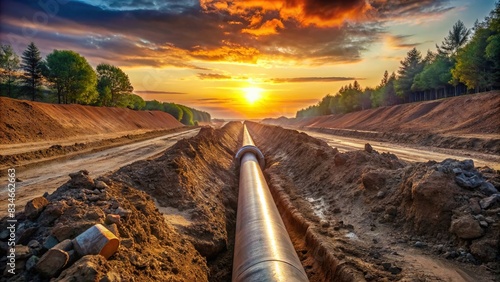 Metal pipe in trench filled with dirt at sunset, symbolizing pipeline construction and underground water lines, pipeline, construction, underground, technology, oil, gas, industry, work, dig photo