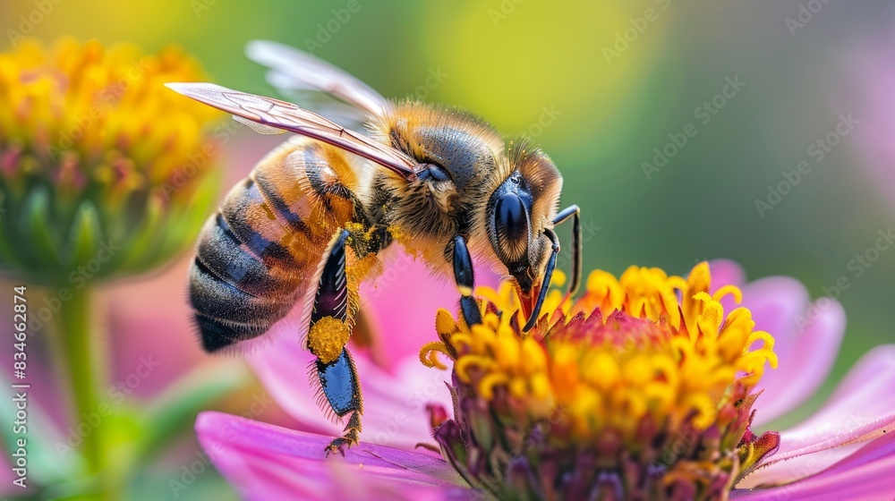 A detailed shot of a bee pollinating a colorful flower, capturing the symbiotic relationship between plants and insects in the biological process of pollination. A detailed shot of a bee pollinating a colorful flower, capturing the symbiotic relationship between plants and insects in the biological process of pollination.