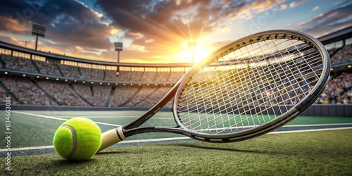 Close up of tennis racket with ball on court at tennis tournament, stadium background, lifestyle concept, sports, tennis, racket, ball, court, tournament, stadium, competition, leisure photo