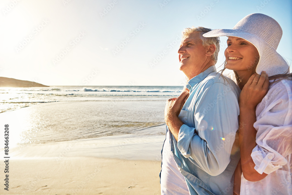 Senior, happy couple and beach with hug in sunset for romance, love or bonding together in nature. Man, woman or lovers with smile for outdoor sunshine, summer or holiday by water or ocean coast Senior, happy couple and beach with hug in sunset for romance, love or bonding together in nature. Man, woman or lovers with smile for outdoor sunshine, summer or holiday by water or ocean coast