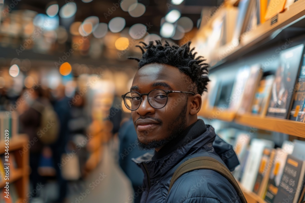 Man in Bookstore With Bokeh Background Wearing Glasses and Backpack Exploring Literature and Learning Man in Bookstore With Bokeh Background Wearing Glasses and Backpack Exploring Literature and Learning