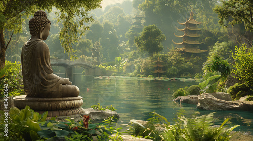 An imposing Buddha statue by the river with an ethereal temple backdrop  encapsulating mystical serenity