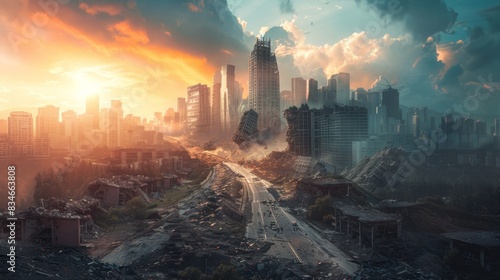 A conceptual image of a city skyline with buildings crumbling and roads buckling during an earthquake, highlighting the vulnerability of urban areas to seismic events. © MAY