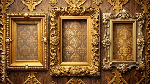 Golden and wooden frames in decorative rococo style on a background , elegant, luxury, design, frame set, collection, ornate, vintage, classic, golden, wooden, antique, isolated, decoration