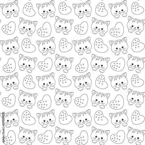 Seamless vector pattern of cute cartoon cat and heart shape in sketch style. Monochrome design for textile print, wallpaper, decorative background.