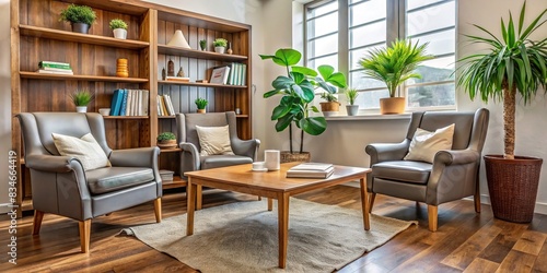 Cozy psychologist's office with two comfortable chairs, paper tissues, bookcase, and monstera plant , psychologist, cabinet, cozy, room, chairs, paper tissues, bookcase, monstera plant