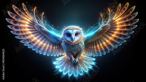 Owl flying in the night with glowing wings on a black background in a holographic style of detailed hyper-realism , owl, flying, night, wallpaper, glowing wings, wildlife, dynamic photo