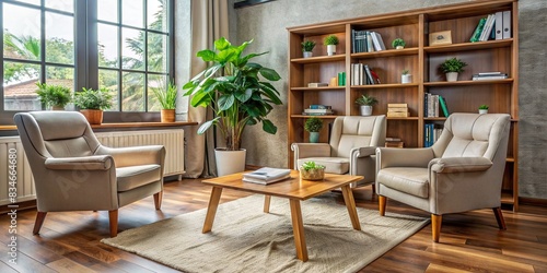 Cozy psychologist's office with two comfortable chairs, paper tissues, bookcase, and monstera plant , psychologist, cabinet, cozy, room, chairs, paper tissues, bookcase, monstera plant