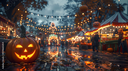 a scary glowing pumpkin in a carnival a night after rain