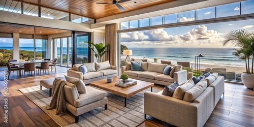 Luxurious summer beach house living room with ocean view , vacation home, villa, beach house, furniture, living room, ocean view, summer, relaxation, luxury, interior design, coastal photo