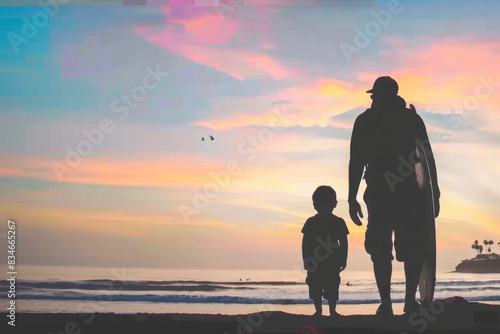 Sunset silhouettes father and son, surfers walking to the sea with a surfboard.