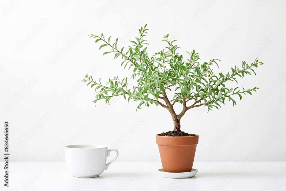 Fototapeta premium Green Plant in a Terracotta Pot on a White Background