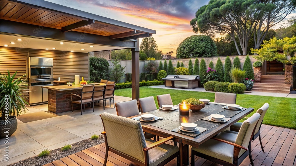Beautiful backyard with a barbeque area and dining table , backyard ...