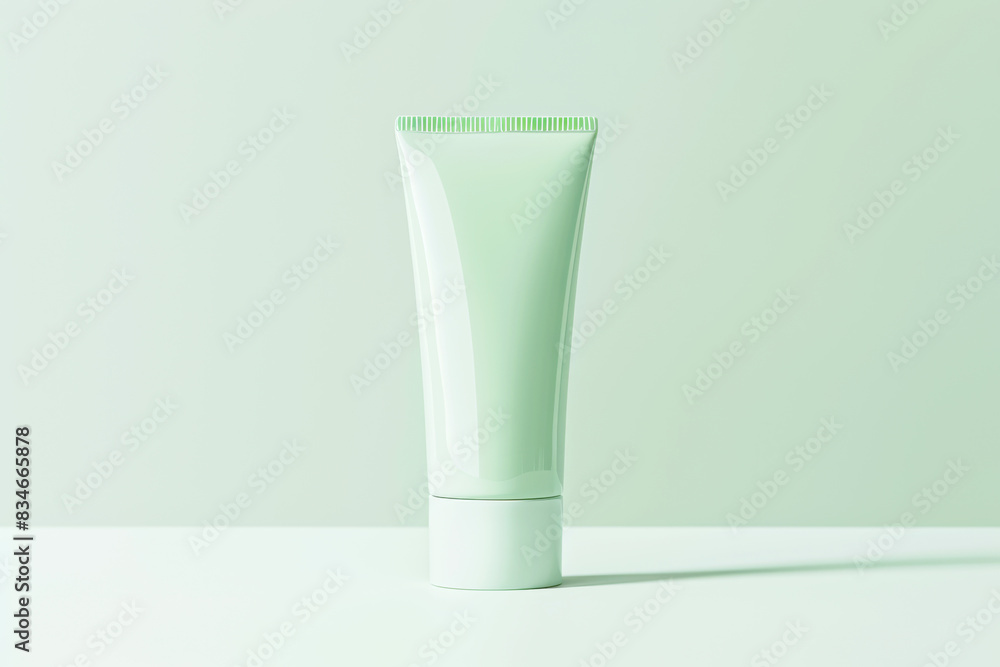 Minimalistic presentation of a green cosmetic tube on a pedestal with shadows. Minimalistic presentation of a green cosmetic tube on a pedestal with shadows.