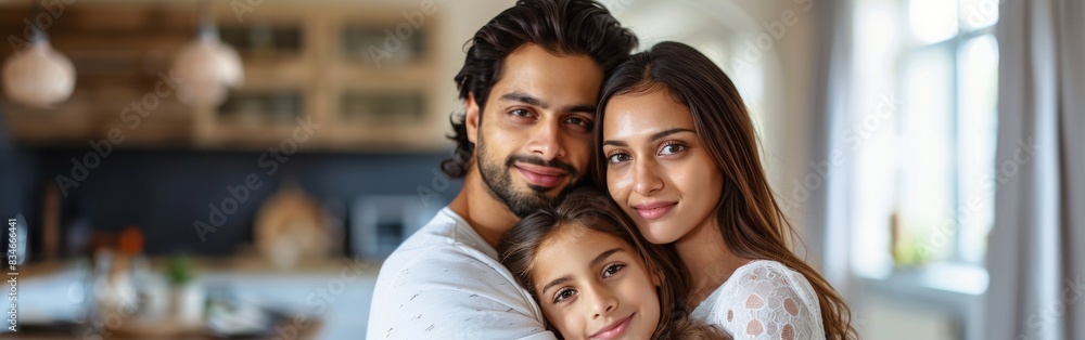 A man and two women, a happy young mixed-race couple, embrace each other in a kitchen setting A man and two women, a happy young mixed-race couple, embrace each other in a kitchen setting