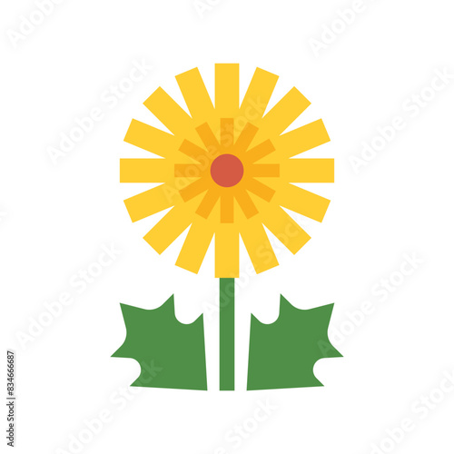 Dandelion flower. Spring flower with leaves abstract geometric style. Simplicity cute plant, creative childish illustration. Isolated vector on white. Best for minimalistic design