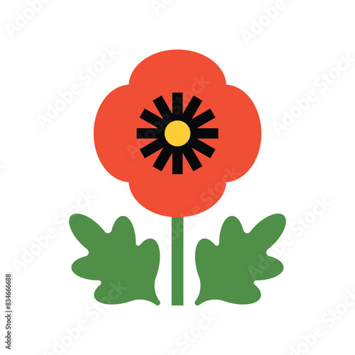 Poppy flower. Red flower with leaves abstract geometric style. Simplicity cute plant, creative childish illustration. Isolated vector on white. Best for minimalistic design