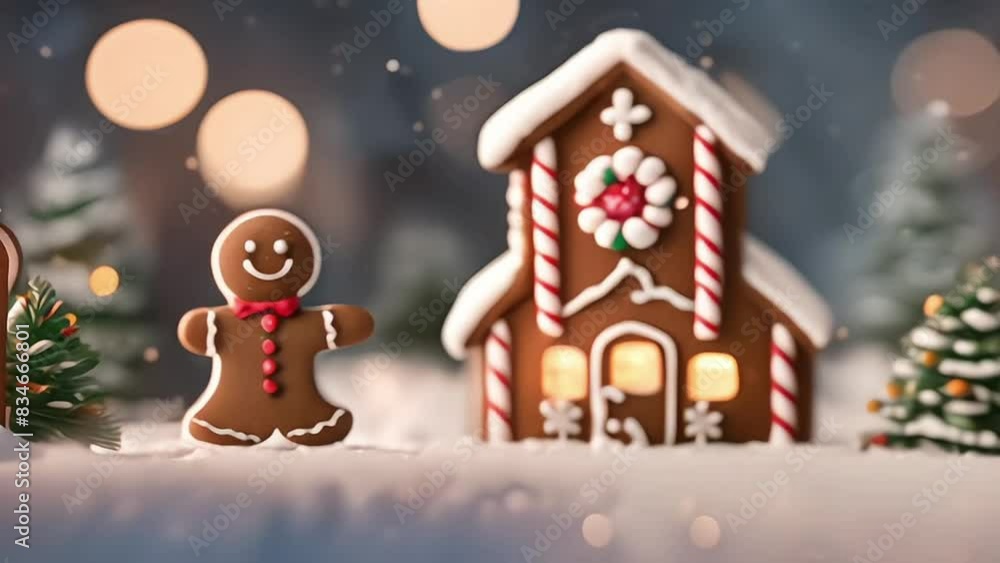 Gingerbread man cookie standing beside house with different colored candy and gumdrops, a chrismast snow scene Gingerbread man cookie standing beside house with different colored candy and gumdrops, a chrismast snow scene