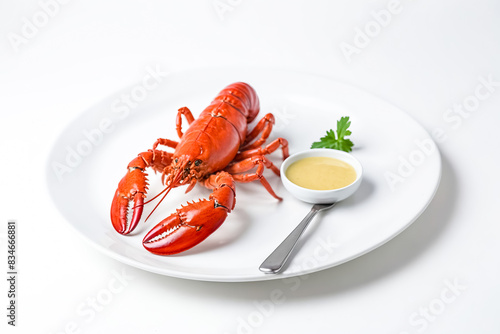 Cooked lobster on white plate with dipping sauce photo