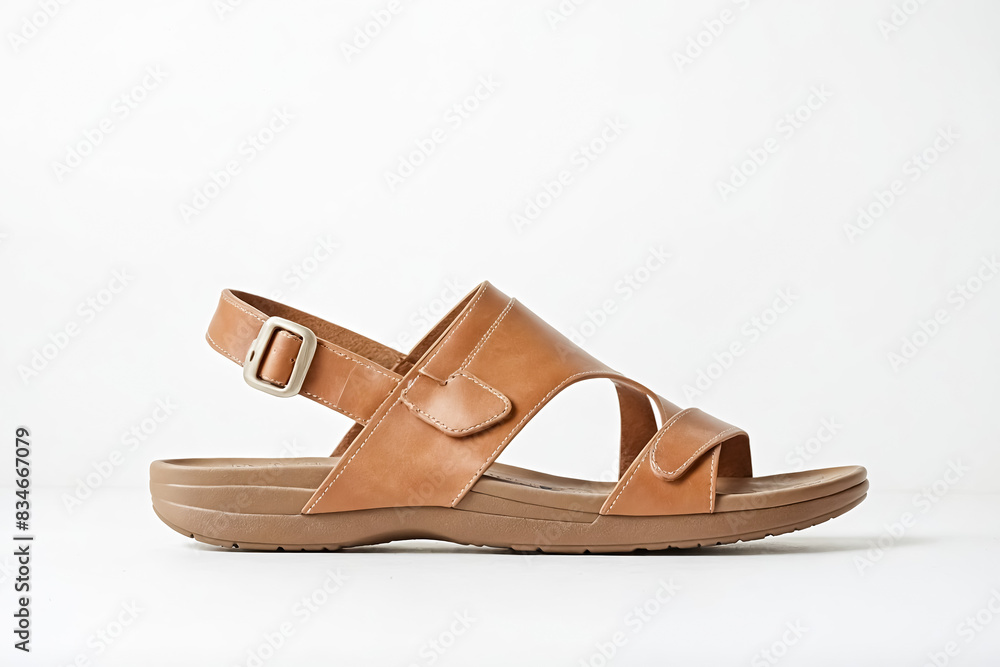 Naklejka premium Tan Leather Buckle Ankle Strap Sandal on White Background