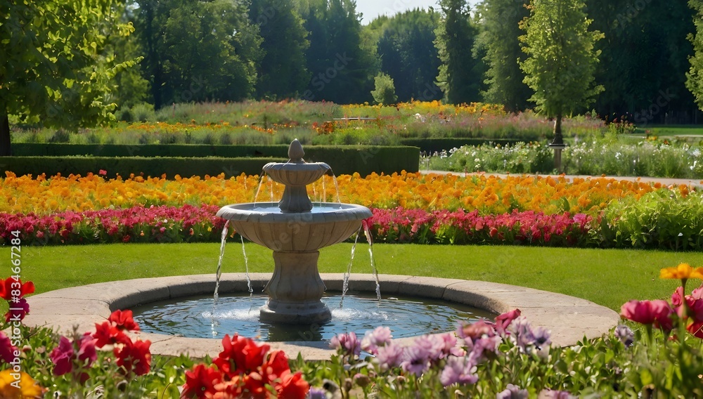 Park with a multitude of colorful flowers and a small fountain in the middle of the meadow Park with a multitude of colorful flowers and a small fountain in the middle of the meadow