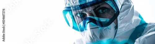A young scientist wearing a protective suit and goggles looks at the camera.