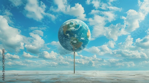 A conceptual image of a globe balanced on a pole, symbolizing the Earth's rotational axis and the idea of balance and equilibrium in nature. photo