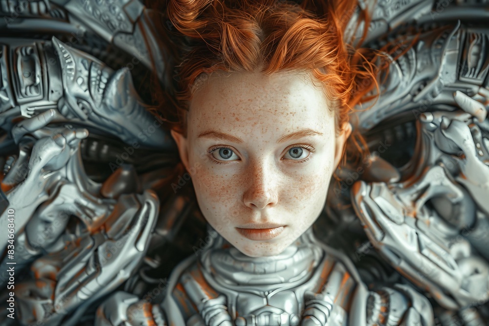 Naklejka premium Futuristic cyborg woman with vibrant red hair