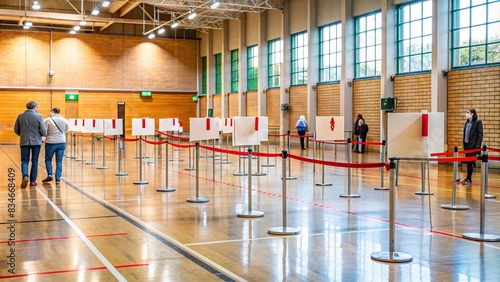 Empty voting queue with social distancing signs , voting, elections, democracy, long line, waiting, restrictions, pandemic, social distancing, queue, polling place, voting booth, ballot photo