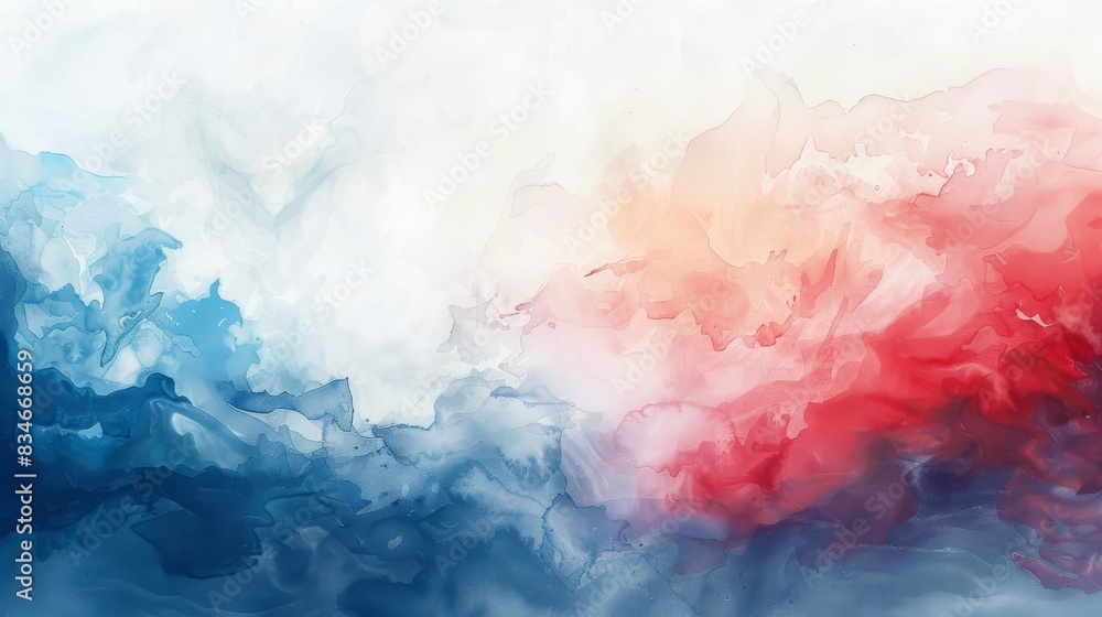 Obraz premium Watercolor abstract background in red, blue, and white colors. A soft serene flowing visual effect