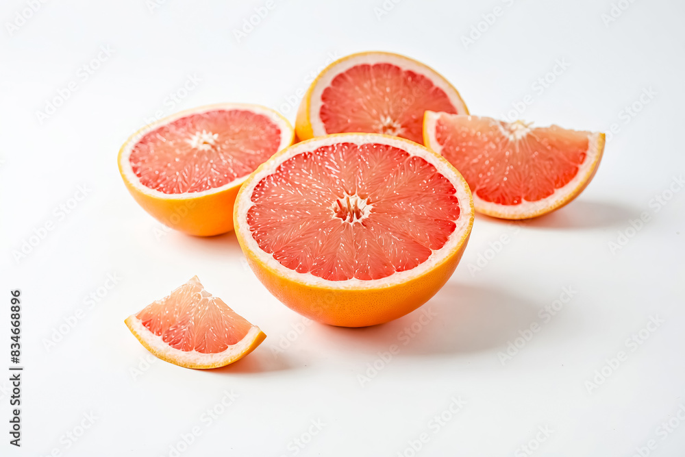 Close Up of Fresh Grapefruit Halves and Slices on White Background Close Up of Fresh Grapefruit Halves and Slices on White Background