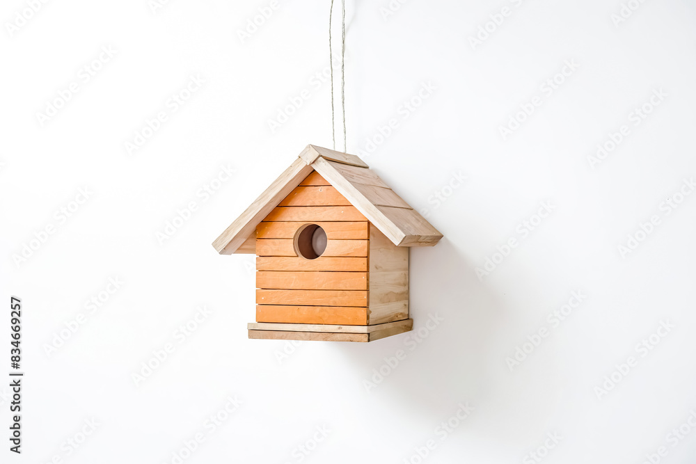 Wooden Birdhouse Hanging on White Wall Wooden Birdhouse Hanging on White Wall