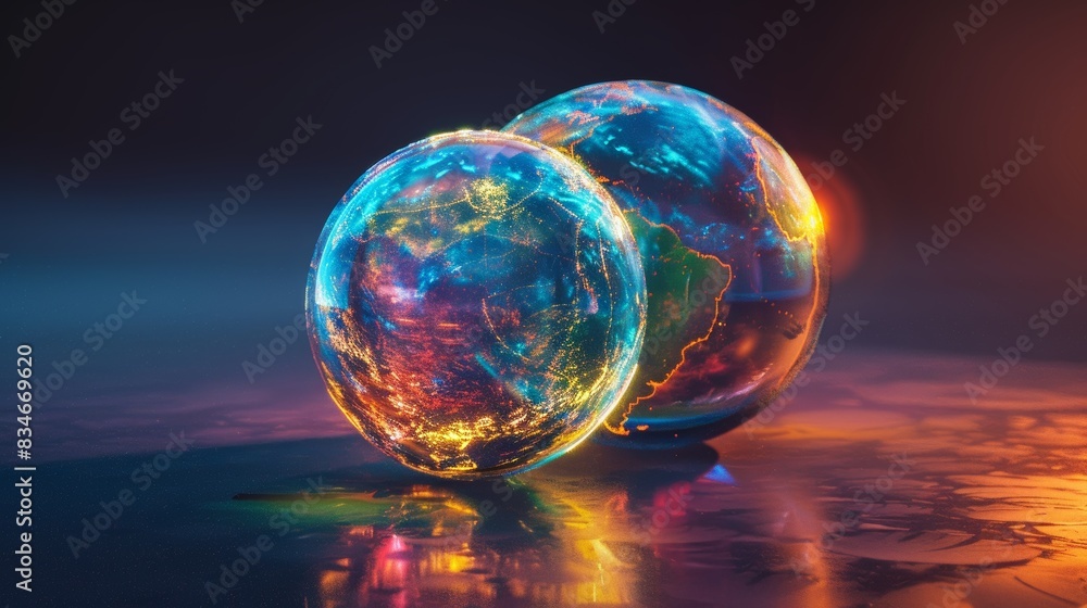 A digital artwork of Earth as a crystal sphere, reflecting light in various colors to symbolize the planet's beauty and fragility. A digital artwork of Earth as a crystal sphere, reflecting light in various colors to symbolize the planet's beauty and fragility.