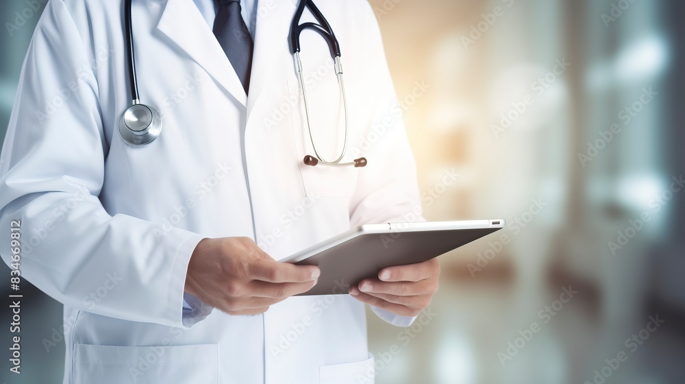 Doctor using digital tablet, modern technology in medicine and healthcare concept , one color background, copy space, generative ai Doctor using digital tablet, modern technology in medicine and healthcare concept , one color background, copy space, generative ai