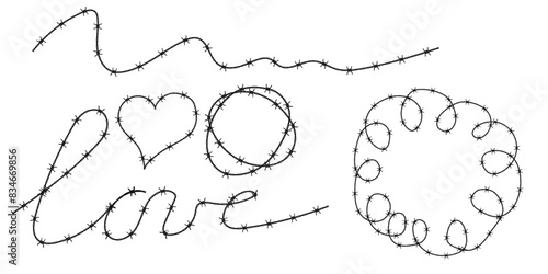 Twisted barbed wire silhouettes set in rounded and square shapes. Vector illustration of steel black wire barb fence frames. Concept of protection, danger or security