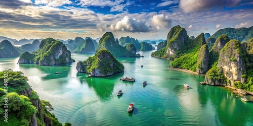 A serene view of Ha Long Bay in Vietnam with limestone islands and emerald waters, Ha Long Bay, Vietnam, travel, scenic, landscape, nature, Southeast Asia, UNESCO, limestone islands photo