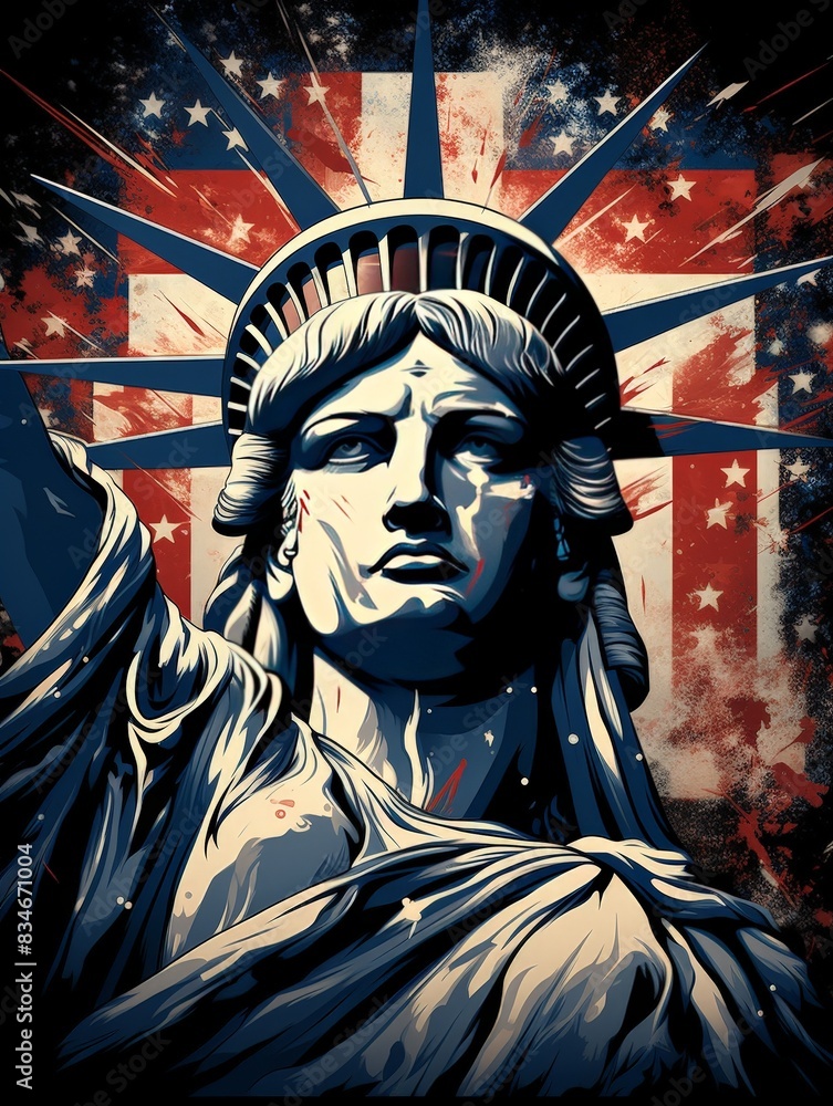 Obraz premium US Patriotic themed statue of liberty t-shirt design, black background