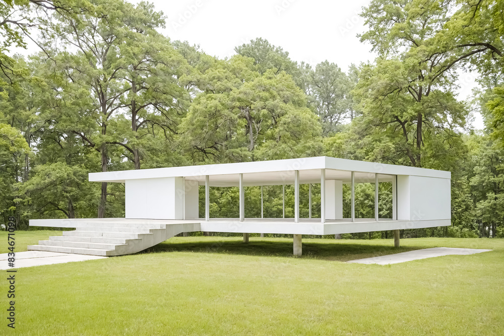 Obraz premium Modern White Pavilion in a Green Forest