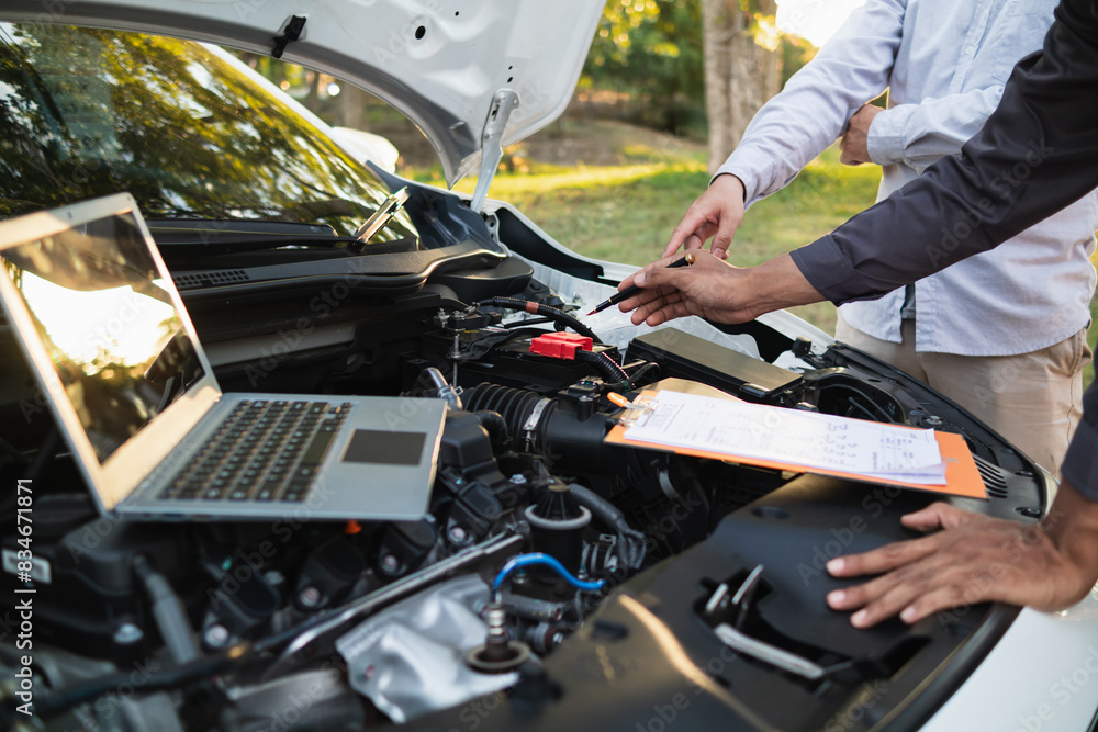 car service center mechanics are checking condition car and engine make sure they are ready use and in perfect condition according center warranty. periodic vehicle inspections for safety in driving. car service center mechanics are checking condition car and engine make sure they are ready use and in perfect condition according center warranty. periodic vehicle inspections for safety in driving.