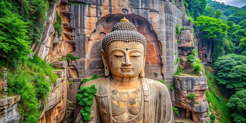 Beautiful Buddha statue carved into cliff , Buddhism, serene, meditation, spiritual, tranquil, ancient, religion, rock, landscape, Asia, peaceful, statue, architecture, historical, culture photo