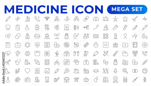 Medicine line Icon set collection. Set of vector line icons of Medicine and helth for weband apps. modern icon and various concepts, Set of flat signs and symbols for web and apps.