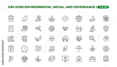 ESG icon set,Environmental, Social, and Governance line icon. ESG outline icons with editable stroke collection. Includes Sustainability, Solar Panel, Recycling, Green City, vector illuatration.