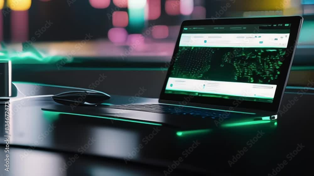 advanced laptop with holographic data visualizations and graphs ...