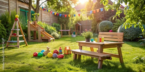 A tranquil scene of a backyard with a wooden bench and a kids' toys scattered around , mother, long hair, sitting, outside, two sons, boys, young, family, backyard, peaceful, relaxing, bonding photo