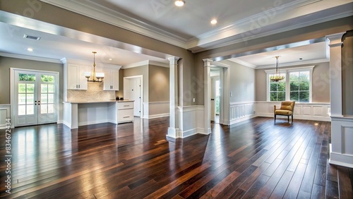 Empty white living room with double wide entrance to newly renovated dining room with dark hardwood floors ideal for real estate listing or home decor inspiration , house, sale, empty photo