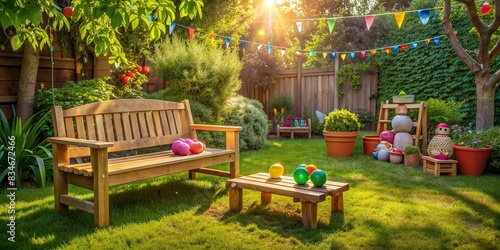 A tranquil scene of a backyard with a wooden bench and a kids' toys scattered around , mother, long hair, sitting, outside, two sons, boys, young, family, backyard, peaceful, relaxing, bonding photo