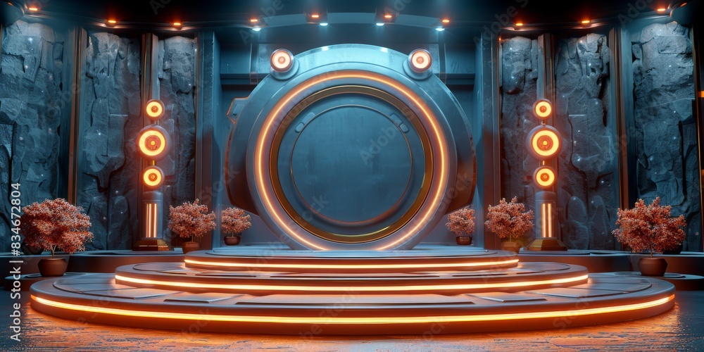 A miniature 3D world where productivity-themed obstacles magic remix podium show produtc rendering of a futuristic empty circular stage with glowing lights A miniature 3D world where productivity-themed obstacles magic remix podium show produtc rendering of a futuristic empty circular stage with glowing lights