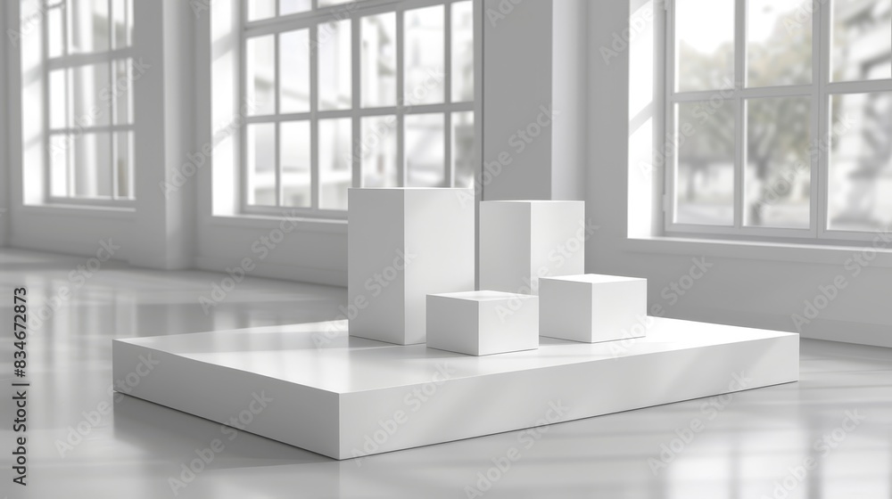 A white sculpture atop a white platform, facing a window Two large panes with windows adjacent on the opposite floor A white sculpture atop a white platform, facing a window Two large panes with windows adjacent on the opposite floor